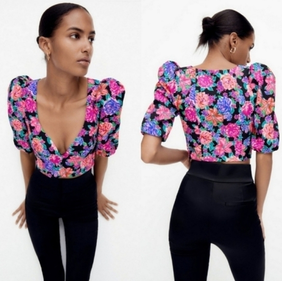 New Zara Floral Print Sweetheart Neckline Short Puff Sleeves Crop Top NWT XS - Picture 4 of 16